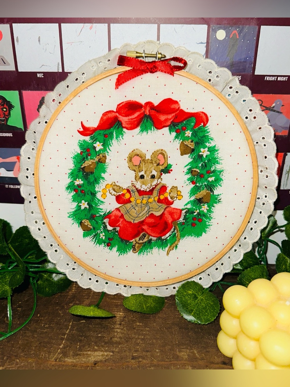 Vintage Christmas Cross Stitch Embroidery Style Holiday Mouse Wall Hanging